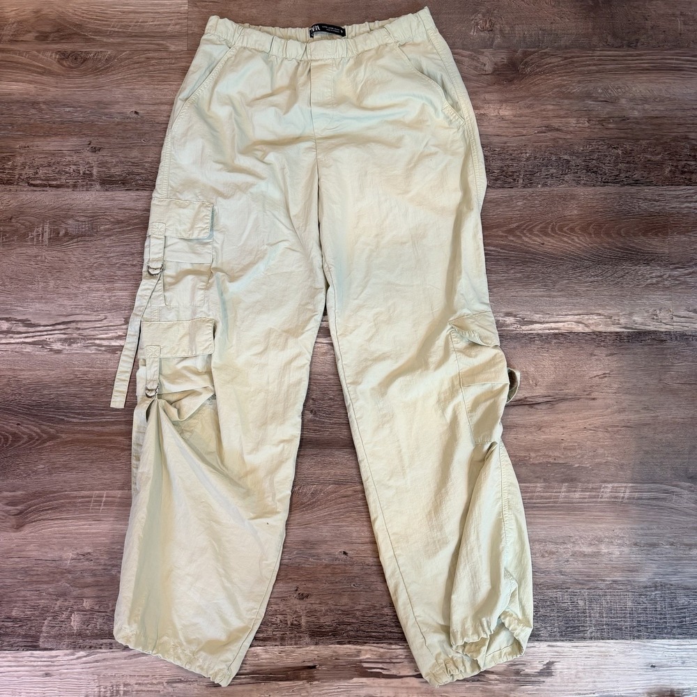 Zara Parachute Pants Womens XS Green Cargo Utility Y2K Baggy Drawstring‎ Hem